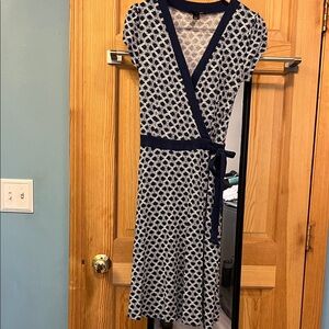 H&M Navy and White Patterned Midi Wrap Dress Sz 8